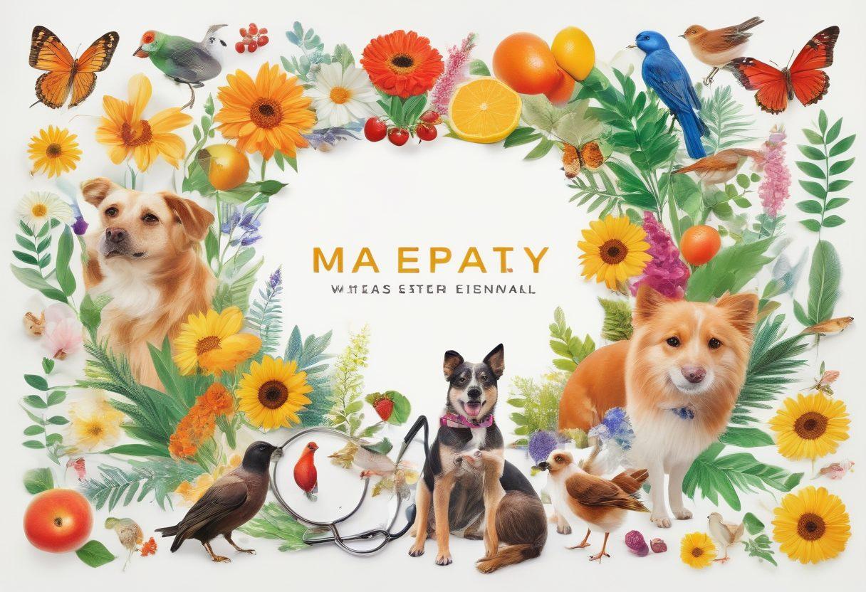 A vibrant and engaging collage showcasing various animals including dogs, cats, and birds in a serene outdoor setting. Each animal is depicted with elements representing nutrition (such as bowls of healthy food), training (training tools like leashes and agility equipment), and wellness (like a veterinarian with a stethoscope). The background features a sunny park with trees and flowers to convey a sense of happiness and health. super-realistic. vibrant colors. white background.