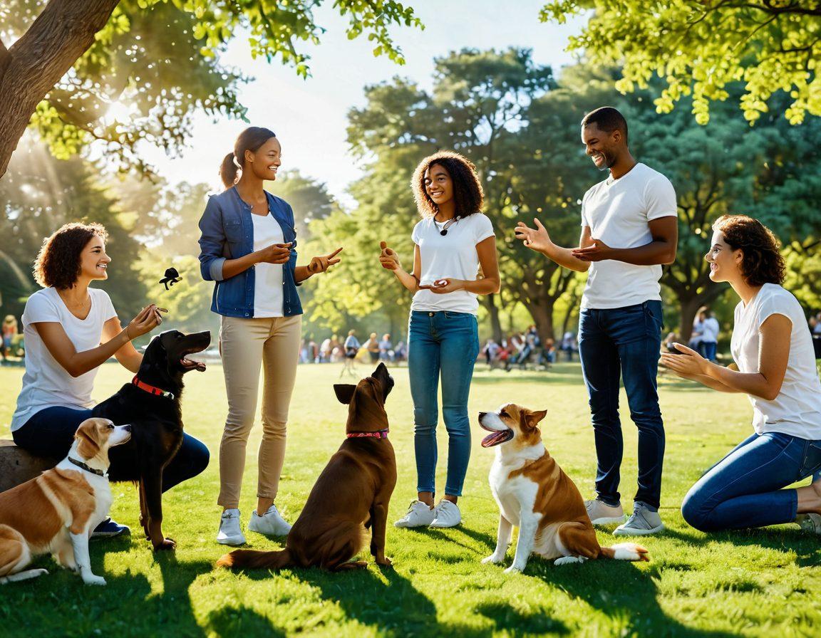 A heartwarming scene of a diverse group of pet owners interacting joyfully with their pets in a sunlit, lush park. Highlight different species, such as dogs, cats, and birds, showcasing playful behavior and genuine companionship. Include expert advice visuals like paw prints or speech bubbles with tips floating around. Emphasize a warm, inviting atmosphere, capturing the bond between humans and animals. super-realistic. vibrant colors. natural background.