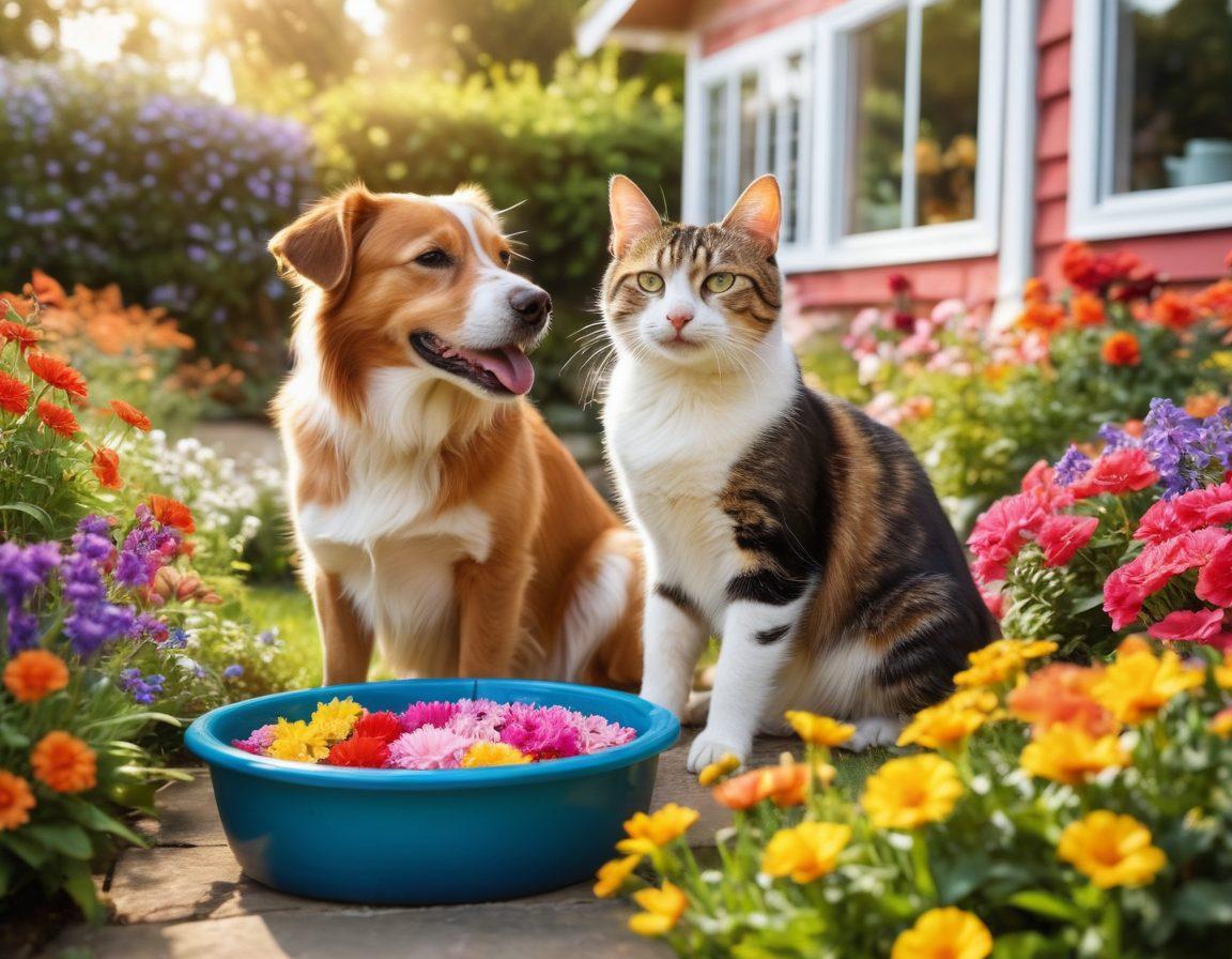A heartwarming scene of a happy dog and cat playing together in a sunlit garden filled with colorful flowers. Include pet care essentials like a water bowl and toys nearby, with a backdrop of a cozy house. The atmosphere should radiate warmth and joy, highlighting pet wellness and companionship. super-realistic. vibrant colors. soft focus.